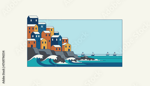 A colorful coastal village perched on a cliffside with picturesque houses overlooking the waves crashing against rugged rocks and sailboats dotting the horizon.