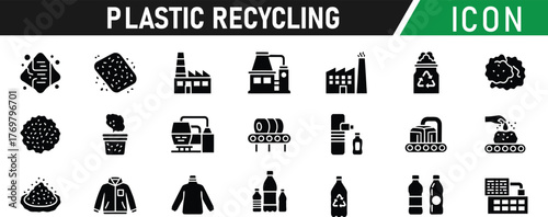 Plastic recycling glyph icon set. Including Recycle Symbol, Plastic Bottle, PET Icon, HDPE Icon, PVC Icon, Sorting Bin, Truck, Factory. Vector silhouette sign illustration