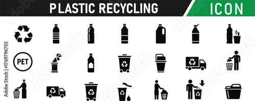 Plastic recycling glyph icon set. Including Recycle Symbol, Plastic Bottle, PET Icon, HDPE Icon, PVC Icon, Sorting Bin, Truck, Factory. Vector silhouette sign illustration
