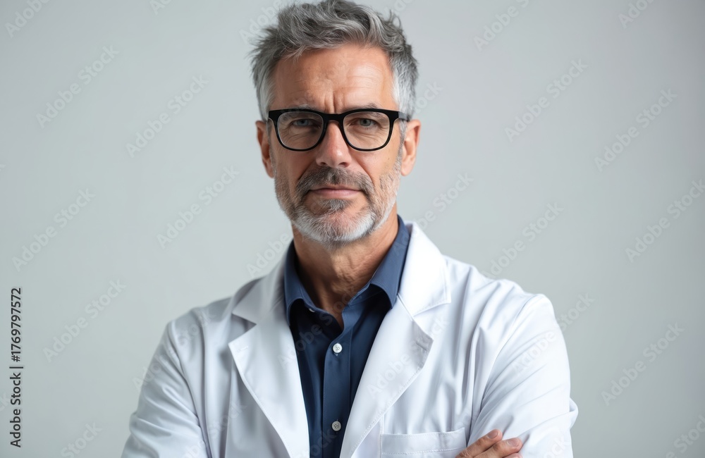 Obraz premium Mature male doctor in white lab coat, glasses poses confidently. He has grey hair, beard. Medical pro stands against plain background ready for consultation or research. Expert looks serious.