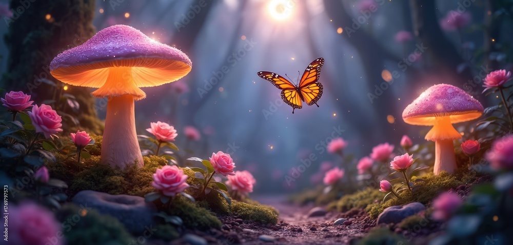 Naklejka premium Enchanted forest path with glowing mushrooms and pink roses. Orange butterfly flies near magical woods. Sun rays illuminate mystical nature scene.
