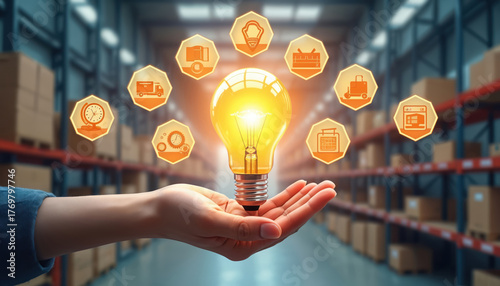 Hand holds glowing lightbulb over warehouse shelves filled with boxes. Icons show logistics, delivery, planning, ideas. Innovative supply chain solution concept.
