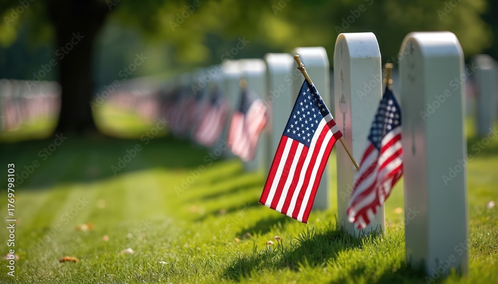Naklejka premium Rows of headstones at military cemetery. American flags decorate graves on Memorial Day. Symbol of respect to fallen soldiers. Honoring veterans who served the country.