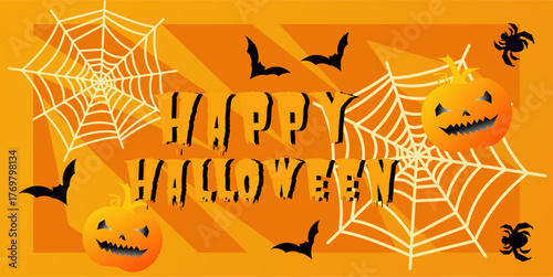 Flat Halloween Banner with Pumpkins, Webs and Bats