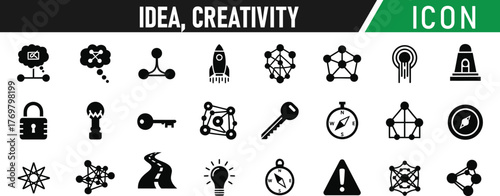 Idea, creativity glyph icon set. Including Lightbulb, Brain, Puzzle Piece, Rocket, Paintbrush, Gear, Key, Arrow. Vector silhouette sign illustration