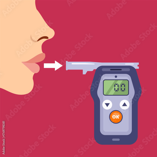 Alcohol tester. A person is being tested for alcohol in the blood. Flat illustration.