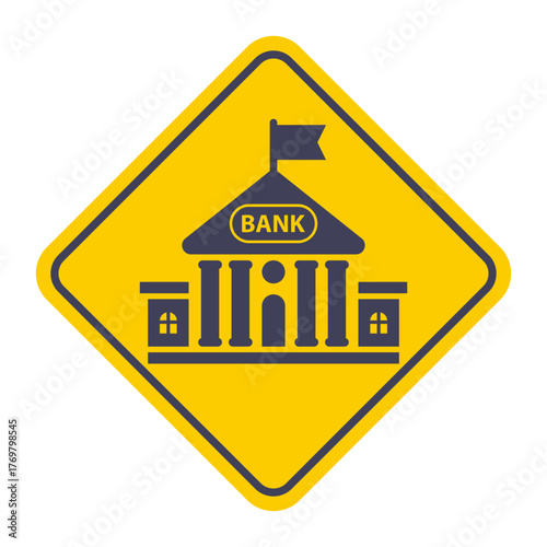 Bank icon on a yellow background. Sticker. Flat illustration.