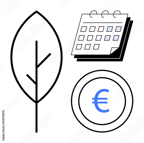 Leaf, calendar, and coin with euro sign represent sustainability, environmental awareness, financial planning, eco-friendly business, resource management. Ideal for finance, ecology savings CSR