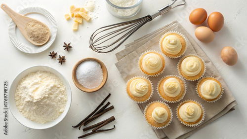 Tableau sur toile Freshly baked vanilla cupcakes with creamy frosting and baking ingredients artfu