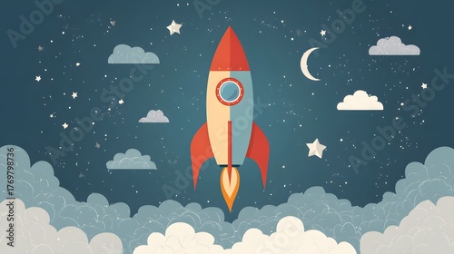 Fototapeta Naklejka Na Ścianę i Meble -  Illustration of a rocket in space concept. Flat illustration of a rocket in space with clouds, stars and planets