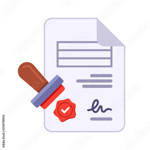 Red seal on a document. Flat illustration.