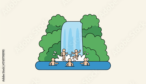 A cascading waterfall surrounded by lush greenery with a few adventurous souls splashing around in the cool water.