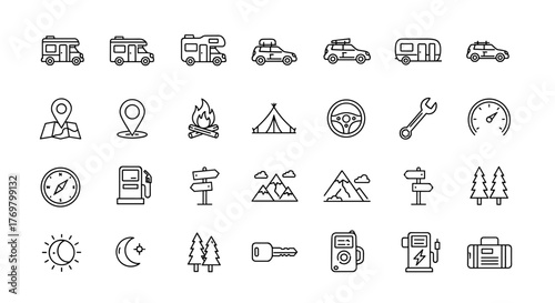 Collection of Motorhome and Car Related Line Icons: Outline Signs for Graphic and Web Design, Apps, Adverts, Various Cards, Vector Cartoon Illustration, Set of Travel and Transport Symbols