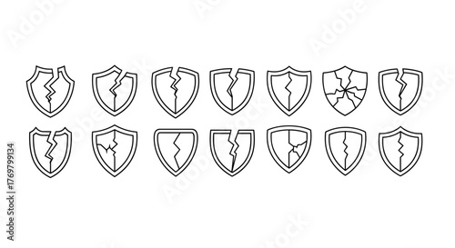 Collection of cracked shield line icons, isolated on a white background, representing broken security, vulnerability, or failed protection. This vector set includes various styles of shield damage