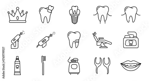 A comprehensive bundle of dental crown line icons, featuring outline signs perfect for graphic and web design, mobile applications, advertisements, and various card designs, presented as a versatile
