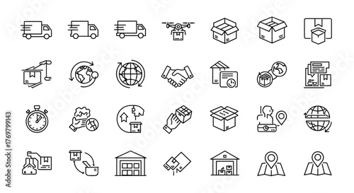 Set of white line icons representing various aspects of delivery and shipping services, including trucks, drones, packages, warehouses, global logistics, and tracking, presented on a clean black