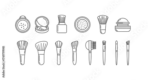 Collection of minimalistic line art icons representing various cosmetic brushes and makeup products, including powder compacts and applicators, perfect for web design, graphic design, app interfaces