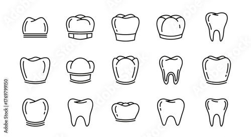 Dental Crown Thin Line Icon Set: A collection of outline signs for graphic and web design, apps, adverts, and various cards, presented as a vector cartoon illustration with a clean, modern aesthetic
