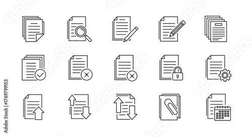 Document line icon set, representing various document-related actions and statuses, including search, editing, approval, rejection, upload, download, security, settings, and scheduling, presented as