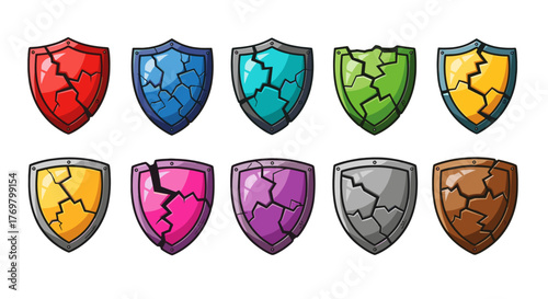 Set of ten cracked shields in various vibrant colors including red, blue, teal, green, yellow, pink, purple, gray, and brown, presented as a cartoon illustration with editable stroke, perfect for