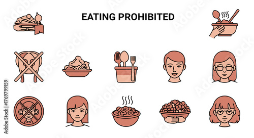 A collection of flat design icons illustrating the concept of 'Eating Prohibited' or 'No Food Allowed' in various scenarios, including prohibition signs, food items, and people, presented in a clean