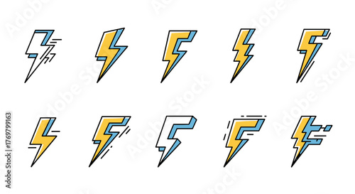 Set of ten stylized lightning bolt icons in yellow and blue with a white outline, presented in a clean, ordered grid on a black background, perfect for technology, energy, or power-related graphic