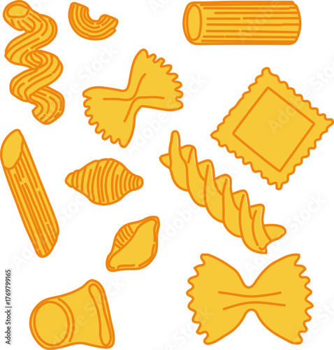 A collection of various types of yellow pasta with an orange outline.