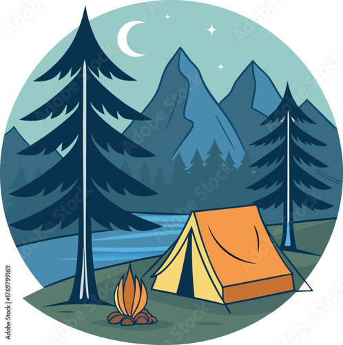 Serene nighttime camping scene with a cozy orange tent crackling campfire tall pine trees and majestic mountains under a crescent moon sky