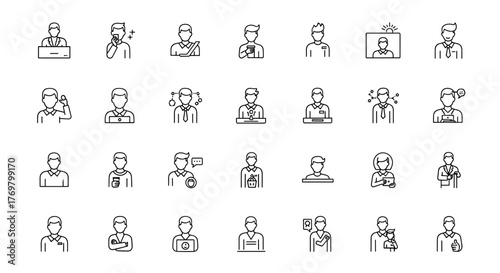 Faceless Man Minimalistic Thin Line Icon Set for Web and Graphic Design, Apps, Banners, Social Network and Cards, Vector Cartoon Illustration with a White Background, Representing Various Professions