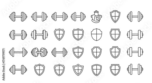 Set of hand-drawn line art icons featuring dumbbells and shield symbols, presented on a clean white background, ideal for fitness, sports, and protection-related designs, vector illustration.