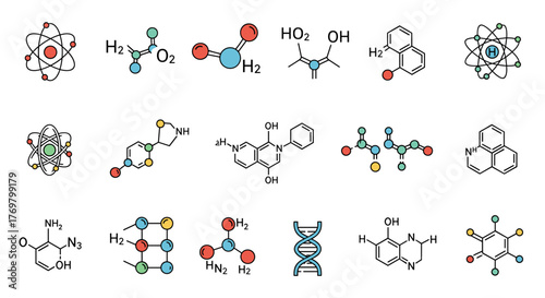 Vivid flat illustration of chemical compounds, atoms, and molecules, presented as a graphic resource with a clean white background, featuring an ordered set of colorful and simplified scientific