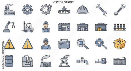 Vibrant collection of factory and manufacture outline icons, featuring editable strokes, perfect for infographics, articles, books, flyers, and banners. This vector cartoon illustration set includes