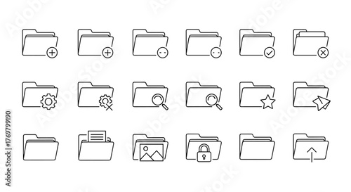 A collection of minimalistic, linear, outline folder icons, perfect for web and graphic design, apps, banners, social networks, and cards. These vector icons represent various folder functions like