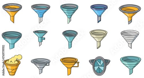 Collection of diverse cartoon funnels in various colors and styles, including a funnel filled with yellow foam, presented on a black background, perfect for graphic design, book illustrations