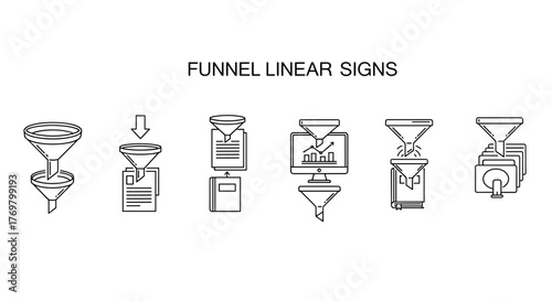 Set of linear funnel icons and symbols representing data processing, filtering, and analysis, perfect for graphic design, websites, articles, and business presentations, presented as a clean vector