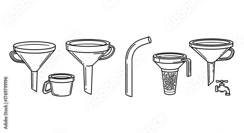 Collection of line art funnel icons and related items, including a beaker, a bent tube, a filter funnel with granular content, and a faucet, presented on a black background, ideal for graphic design