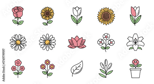 A vibrant collection of thin line icons featuring a variety of blooming flowers, including roses, sunflowers, tulips, daisies, lotuses, lilies, and potted plants, all rendered in a charming cartoon
