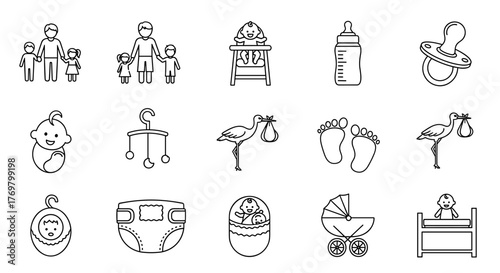Family and Baby Line Icon Pack: A comprehensive collection of outline signs for graphic and web design, apps, adverts, and various cards, featuring a vector cartoon illustration of essential baby and