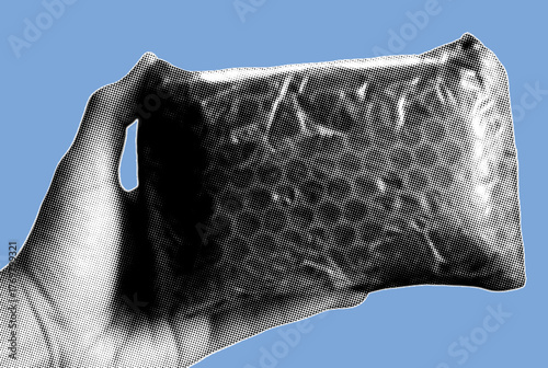 close up of hand holding bubble wrap package pixelate grayscale color halftone dotted texture style collage element isolated on blue background