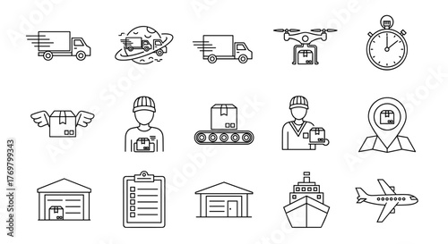 Collection of 15 white line art icons on a black background, representing various aspects of delivery and transport services, including trucks, drones, airplanes, ships, warehouses, couriers