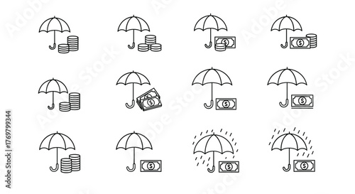 Collection of thin line icons representing money and coins protected by umbrellas, symbolizing financial security, insurance, and investment protection against risks, presented on a clean white