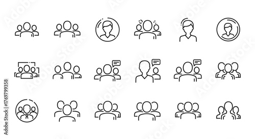 Collection of minimalist line icons representing groups of people, teams, and user profiles, symbolizing community, collaboration, and social interaction. This set includes various arrangements of