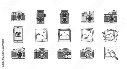 Collection of outline icons representing cameras and images, perfect for infographics, articles, books, flyers, and banners. Includes vintage cameras, modern digital cameras, smartphones with