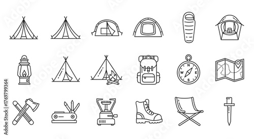 Collection of camping and hiking line icons, including tents, sleeping bag, lantern, backpack, compass, map, axe, multi-tool, stove, boot, chair, and knife, presented as outline signs for graphic and