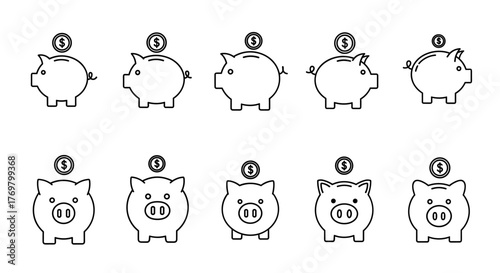 Vivid and Descriptive Collection of Piggy Bank Outline Icons: Editable Stroke, Perfect for Infographics, Articles, Books, Flyers, and Banners. This Vector Cartoon Illustration Features a Whimsical