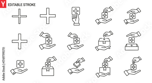 A collection of thin line icons representing the concept of adding or plus signs, with a medical cross symbol incorporated into some designs, suitable for web, print, and app use, presented on a