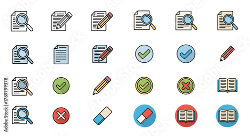 A vibrant and diverse collection of proofreading and editing icons, featuring magnifying glasses, pencils, documents, checkmarks, crosses, erasers, and open books, presented in multiple contemporary