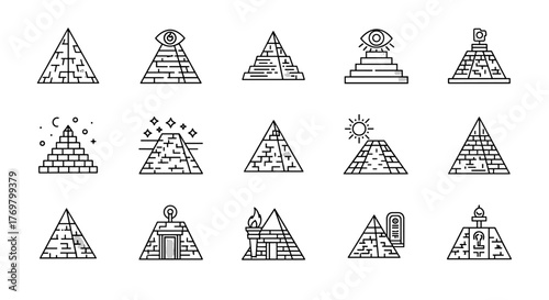 Collection of stylized pyramid icons with intricate line art details, featuring elements like eyes, torches, stars, and architectural designs, perfect for representing ancient civilizations, mystery