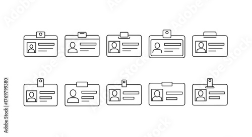 Set of ten linear style outline icons representing ID cards, badges, and press passes, presented on a clean white background, suitable for mobile and web design applications, conveying identity and