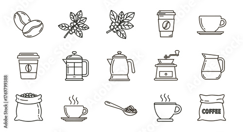 Collection of stylized outline icons representing coffee elements, including beans, branches with berries, takeaway cups, French press, kettle, coffee grinder, carafe, burlap sack of beans, spoon